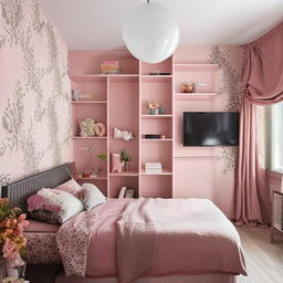 A stylish, girly room for a 25-year-old with one wall featuring floral wallpaper, other walls in dusty pink, inclusive of a bed, couch, vanity, TV, and a bookshelf