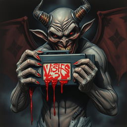 A menacing demon holding a VHS camera, with blood dripping from its claws