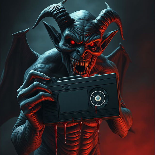 A menacing demon holding a VHS camera, with blood dripping from its claws