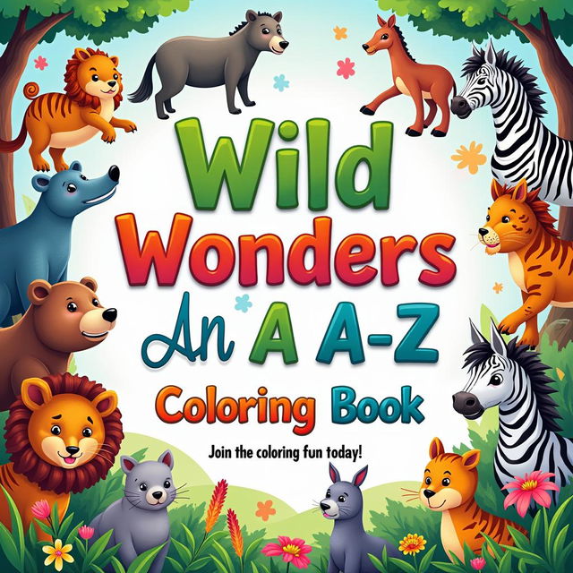 Create a vibrant and engaging cover for a children's coloring book titled "Wild Wonders: An A to Z Animal Alphabet Coloring Book," featuring 26 unique animals, each representing a different letter of the alphabet, with a colorful and playful design