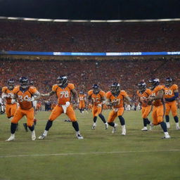 A dynamic scene featuring the Denver Broncos football team playing on their home field with the team’s fiery orange and blue uniforms vividly illuminated under the stadium lights.