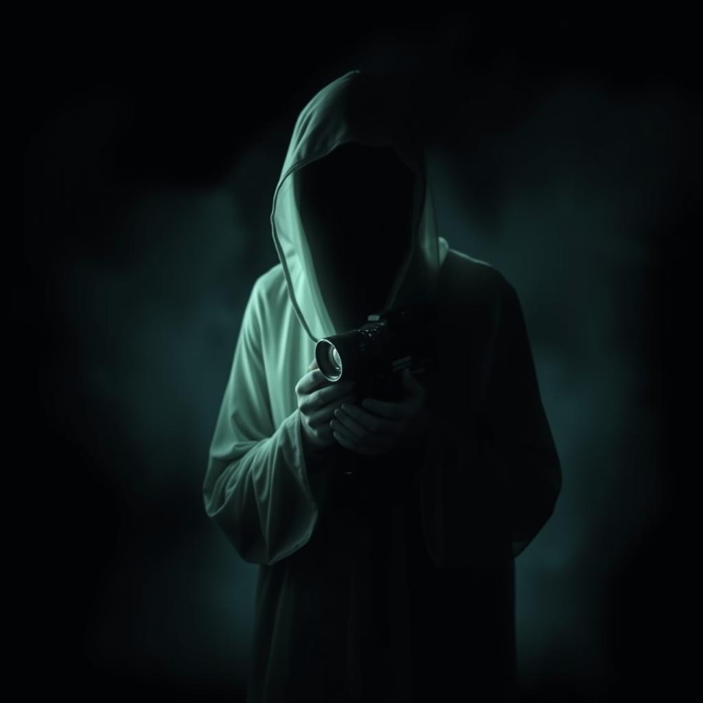 A ghostly or shadowy figure holding a camcorder, set against a dark and eerie background