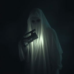 A ghostly or shadowy figure holding a camcorder, set against a dark and eerie background