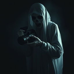 A ghostly or shadowy figure holding a camcorder, set against a dark and eerie background