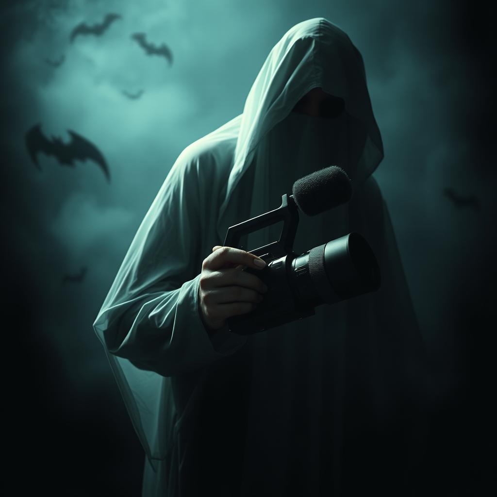 A ghostly or shadowy figure holding a camcorder, set against a dark and eerie background