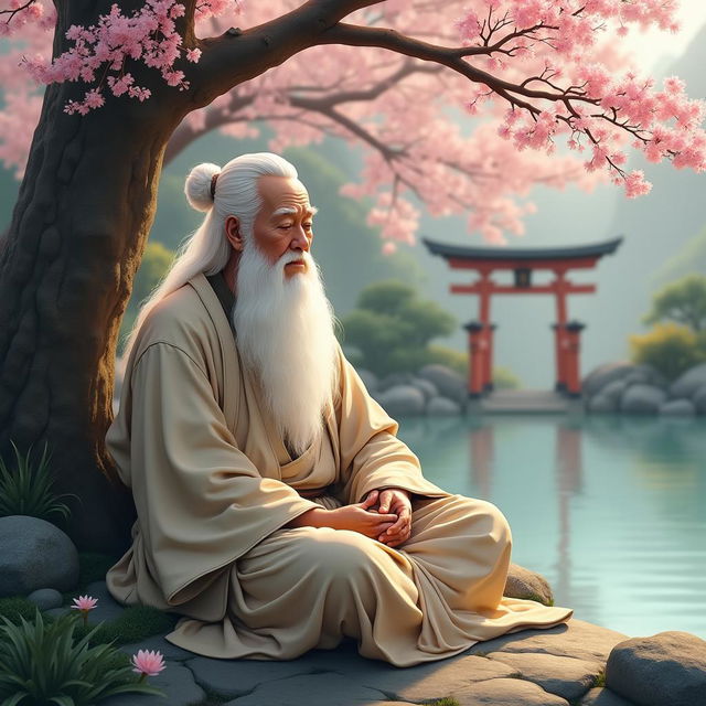 An image of a wise Eastern sage with traditional robes, sitting in a serene natural setting with Eastern architectural elements in the background