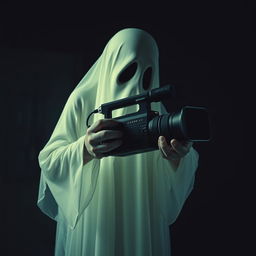 A ghost holding a camcorder, set against a dark and eerie background