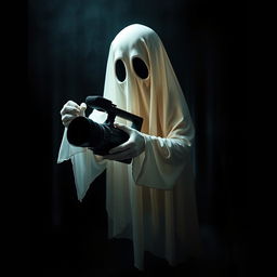 A ghost holding a camcorder, set against a dark and eerie background