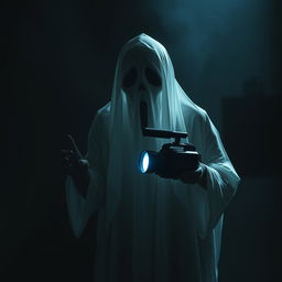 A ghost holding a camcorder, set against a dark and eerie background