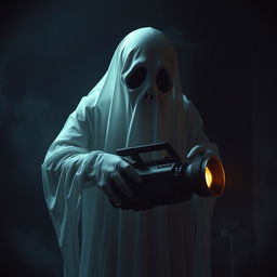 A ghost holding a camcorder, set against a dark and eerie background