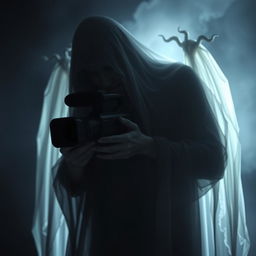 A spirit or demon holding a camcorder, set against a dark and eerie background