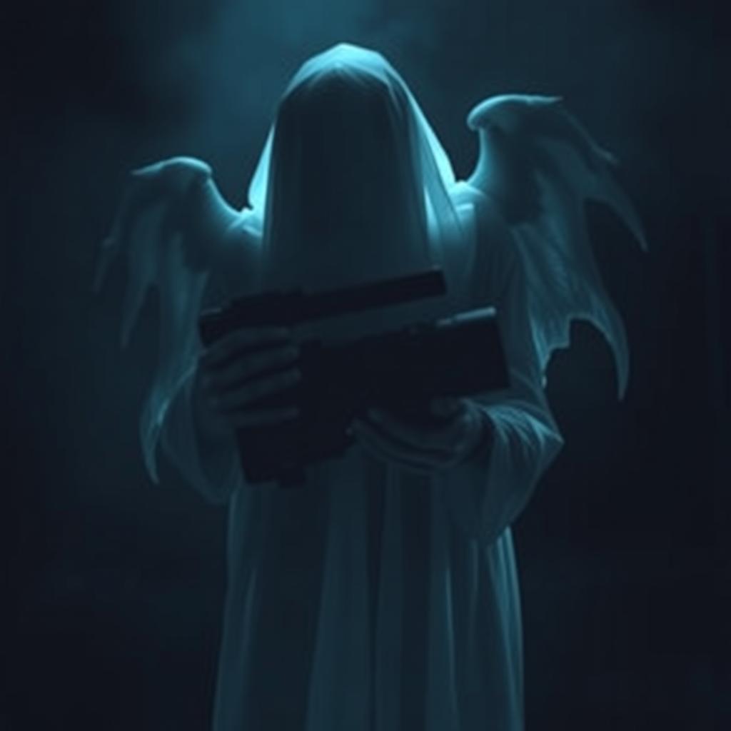 A spirit or demon holding a camcorder, set against a dark and eerie background