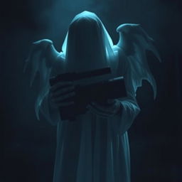 A spirit or demon holding a camcorder, set against a dark and eerie background