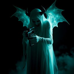 A spirit or demon holding a camcorder, set against a dark and eerie background