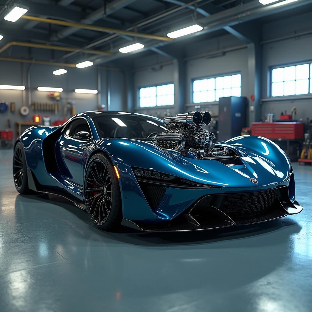 A detailed image of a teardrop-shaped car model with a supercharged V8 engine, featuring a deep metallic blue body, sleek design, and a high-tech garage background