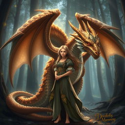 A beautiful girl standing beside a majestic dragon in a fantasy setting