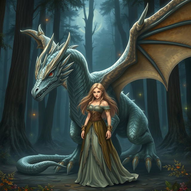 A beautiful girl standing beside a majestic dragon in a fantasy setting