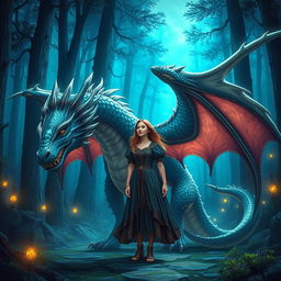 A beautiful girl standing beside a majestic dragon in a fantasy setting