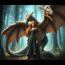 A beautiful girl standing beside a majestic dragon in a fantasy setting