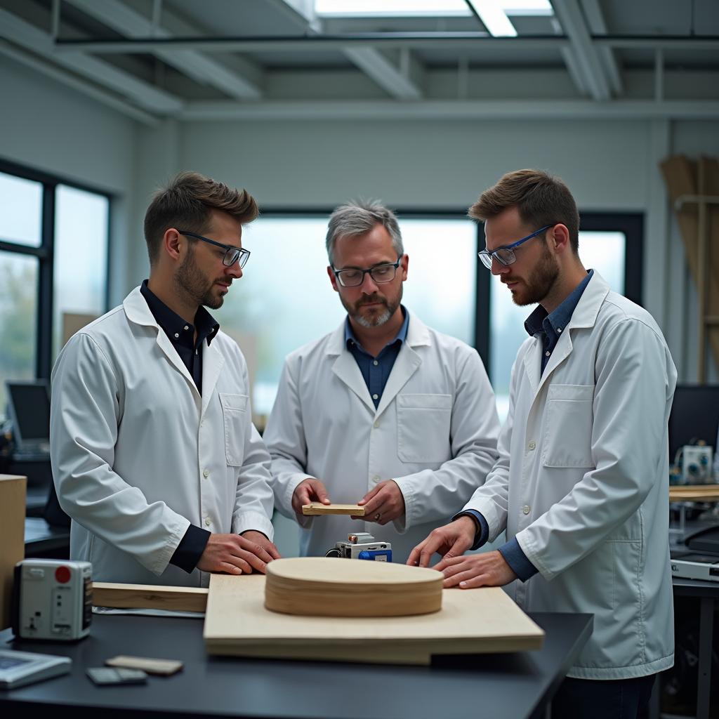 Engenheiros em um laboratório moderno analisam um tijolo com ferramentas de medição e dispositivos de escaneamento, vestidos com jalecos brancos e óculos de proteção