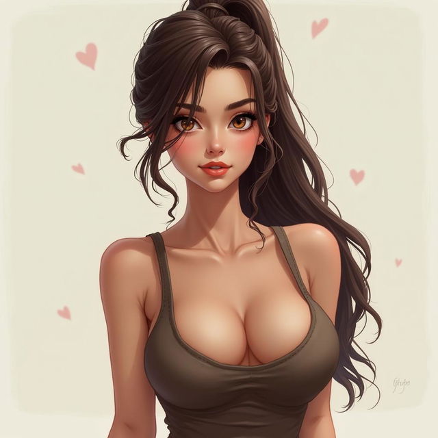 A realistic portrait of a brunette woman with long hair in a ponytail, large breasts, and a confident expression, depicted in a tasteful manner