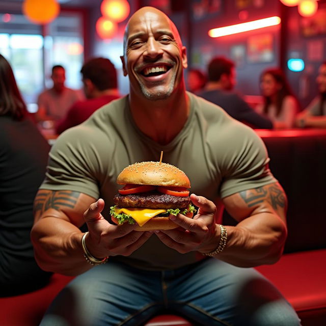 Dwayne 'The Rock' Johnson está em uma lanchonete moderna, sorrindo e prestes a morder um grande hambúrguer suculento, em um ambiente alegre e descontraído