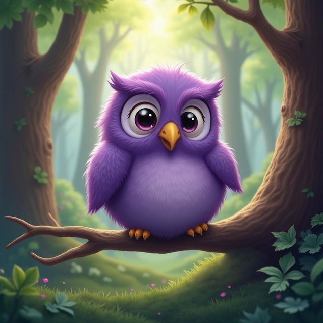 A cute purple owl with large, expressive eyes struggles to balance on a tree branch in a serene forest setting.