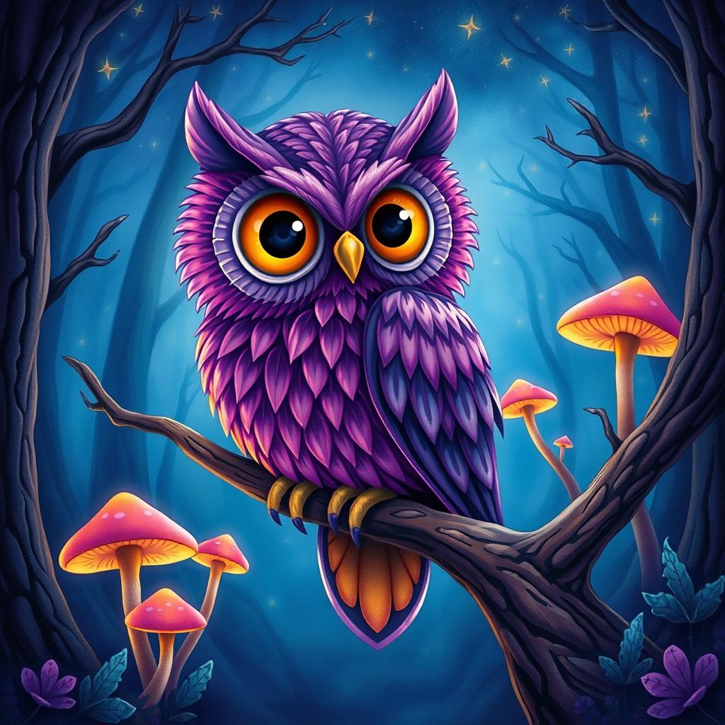 A detailed illustration of a purple owl perched on a branch in a mystical forest