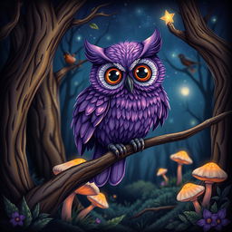 A detailed illustration of a purple owl perched on a branch in a mystical forest