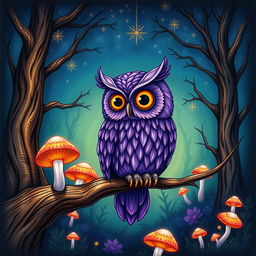 A detailed illustration of a purple owl perched on a branch in a mystical forest