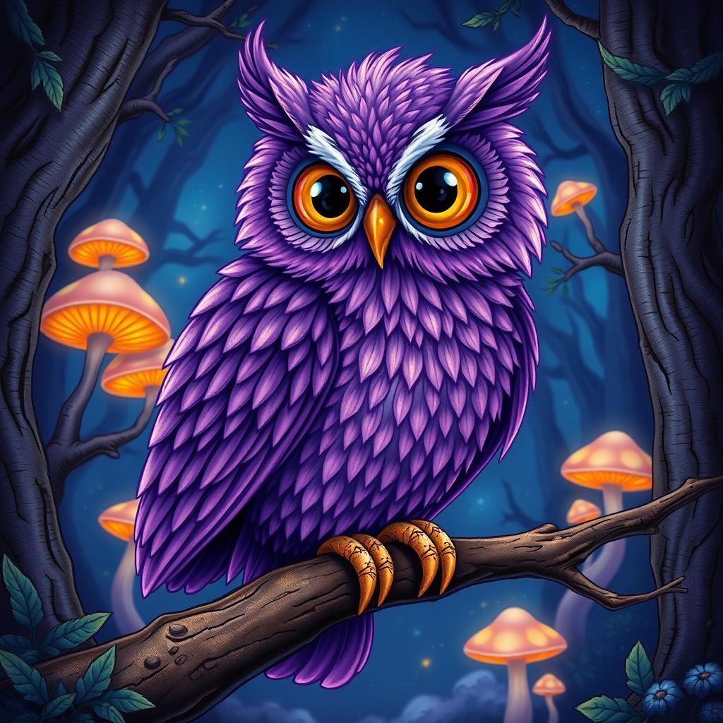 A detailed illustration of a purple owl perched on a branch in a mystical forest