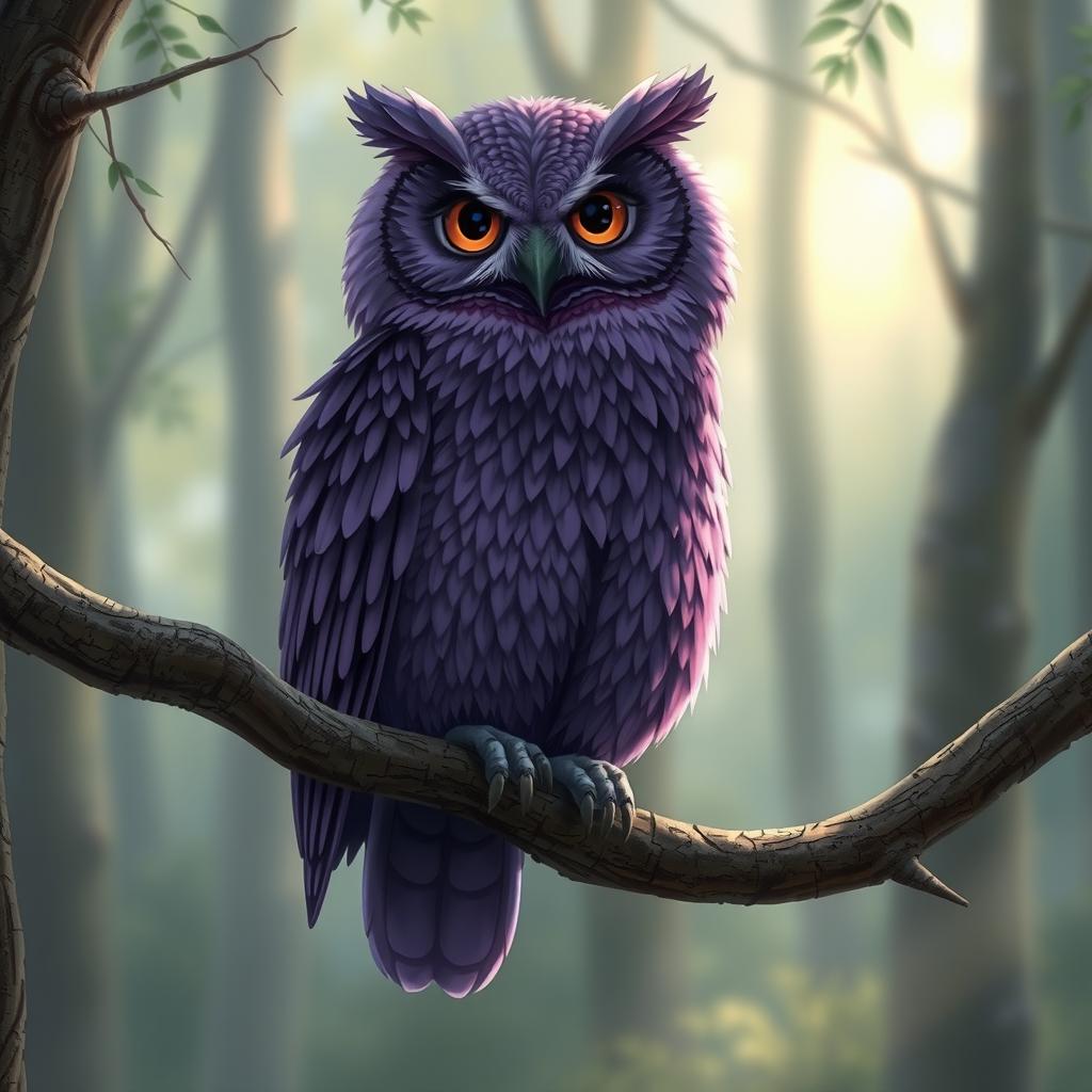 A somewhat realistic depiction of a purple owl perched on a tree branch