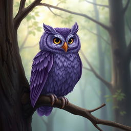 A somewhat realistic depiction of a purple owl perched on a tree branch