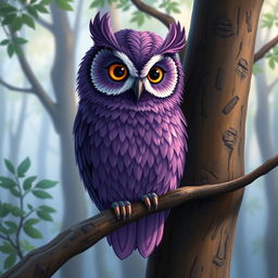 A somewhat realistic depiction of a purple owl perched on a tree branch