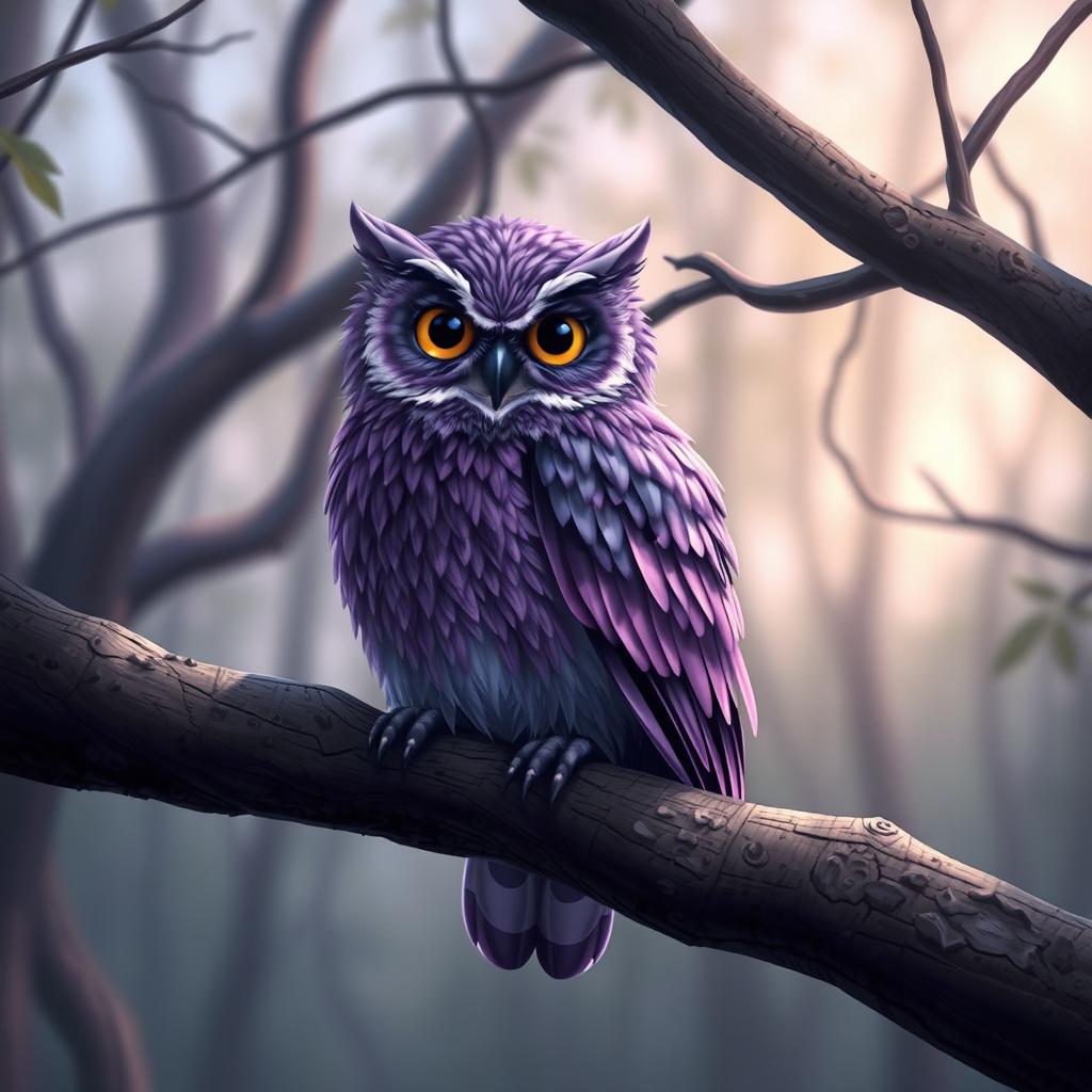 A somewhat realistic depiction of a purple owl perched on a tree branch