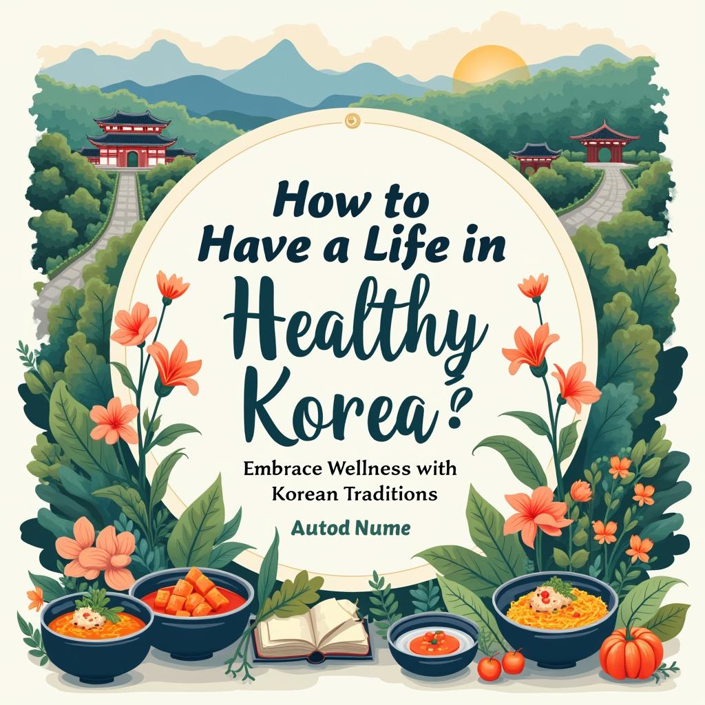 A vibrant book cover for 'How to Have a Healthy Life in South Korea?' featuring traditional and modern South Korean elements, healthy cuisine, outdoor activities, and a bold title