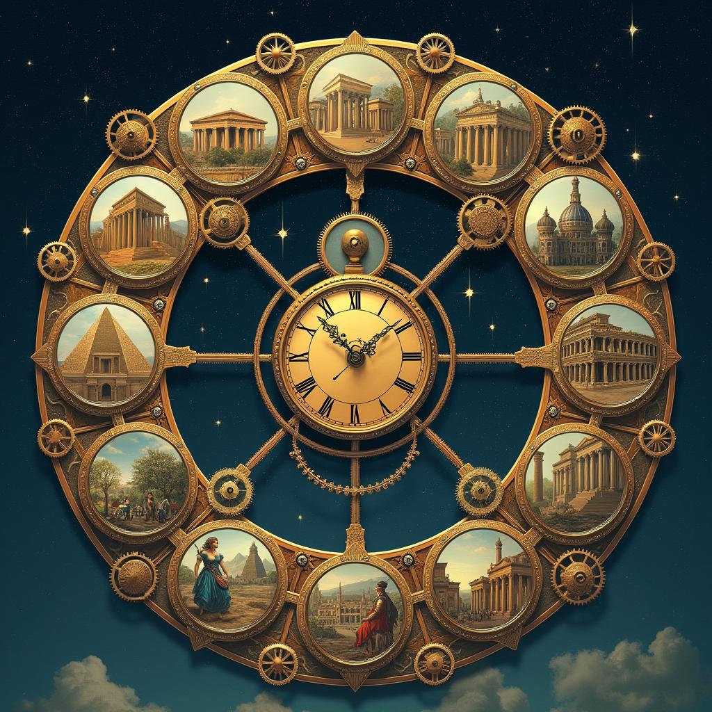 An intricate clock symbolizes the cyclical nature of history, surrounded by historical events and figures from different eras, all connected seamlessly