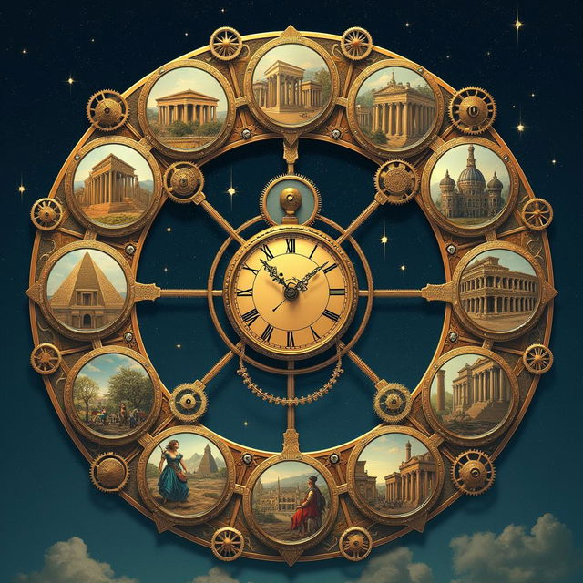 An intricate clock symbolizes the cyclical nature of history, surrounded by historical events and figures from different eras, all connected seamlessly