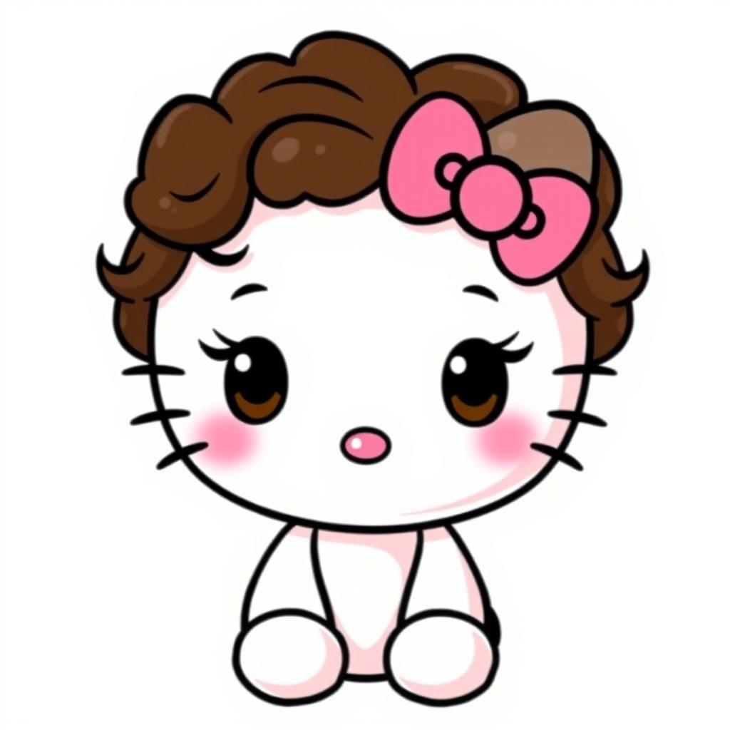 A cute Hello Kitty character with short curly dark brown hair and dark brown eyes