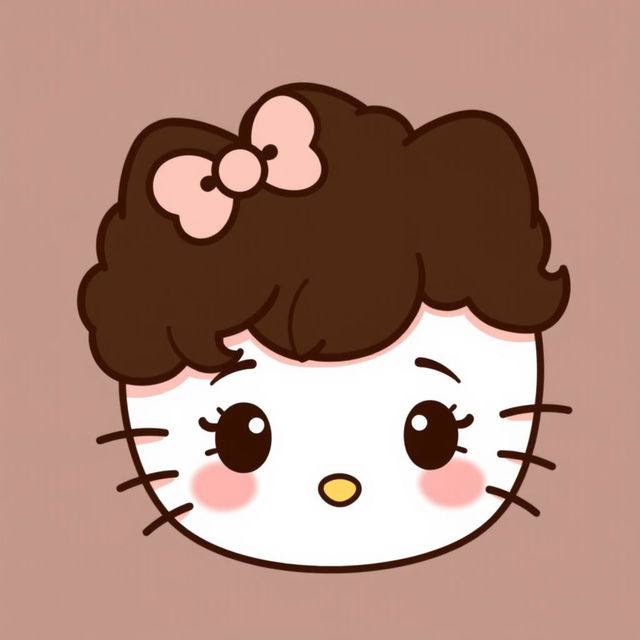 A cute Hello Kitty character with short curly dark brown hair and dark brown eyes