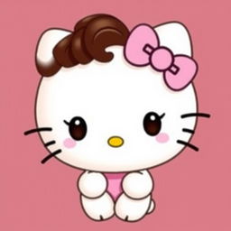 A cute Hello Kitty character with short curly dark brown hair and dark brown eyes