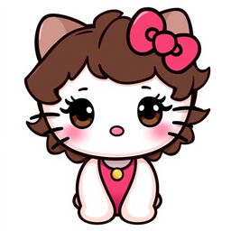 A cute Hello Kitty character with short curly dark brown hair and dark brown eyes