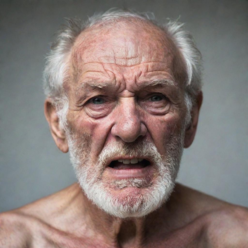 A grizzled, shirtless old man, showing clear signs of anger. His furrowed brows and clenched jaw adding to his intense expression.