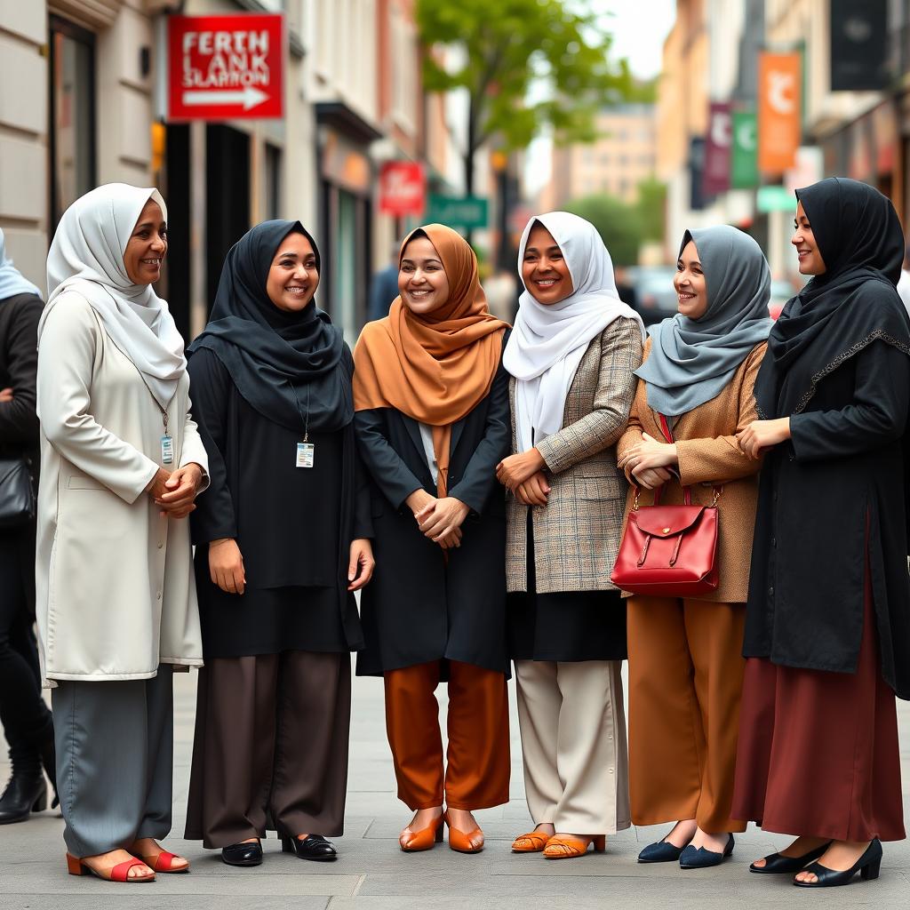 A group of Muslim women in the UK, dressed in modern and traditional attire, standing together in a vibrant urban setting