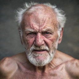 A grizzled, shirtless old man, showing clear signs of anger. His furrowed brows and clenched jaw adding to his intense expression.