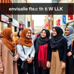 A group of Muslim women in the UK, dressed in modern and traditional attire, standing together in a vibrant urban setting