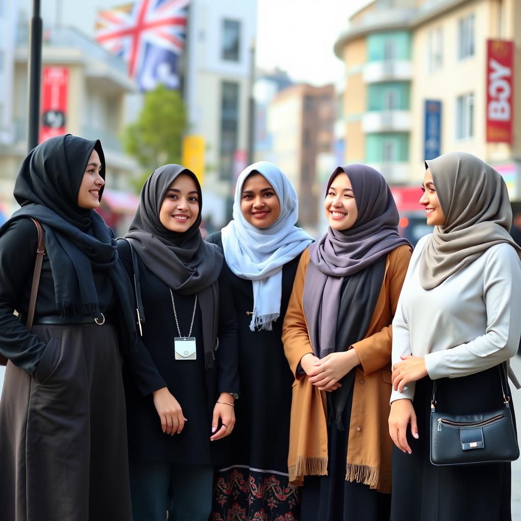 A group of Muslim women in the UK, dressed in modern and traditional attire, standing together in a vibrant urban setting