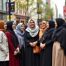 A group of Muslim women in the UK, dressed in modern and traditional attire, standing together in a vibrant urban setting