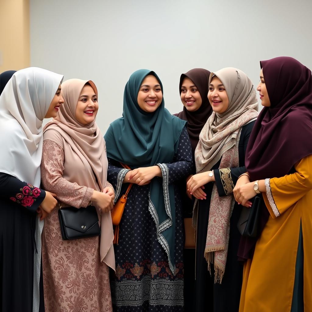 A group of Muslim women dressed in a mix of traditional and modern attire, standing together in a friendly and welcoming environment