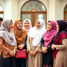 A group of Muslim women dressed in a mix of traditional and modern attire, standing together in a friendly and welcoming environment